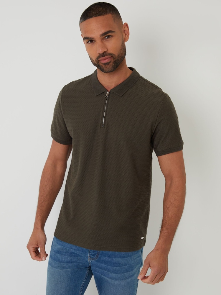 Khaki - Threadbare Textured Quarter Zip 100% Cotton Polo Shirt - Bild 1 von 5