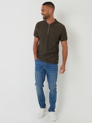 Khaki - Threadbare Textured Quarter Zip 100% Cotton Polo Shirt - Bild 3 von 5