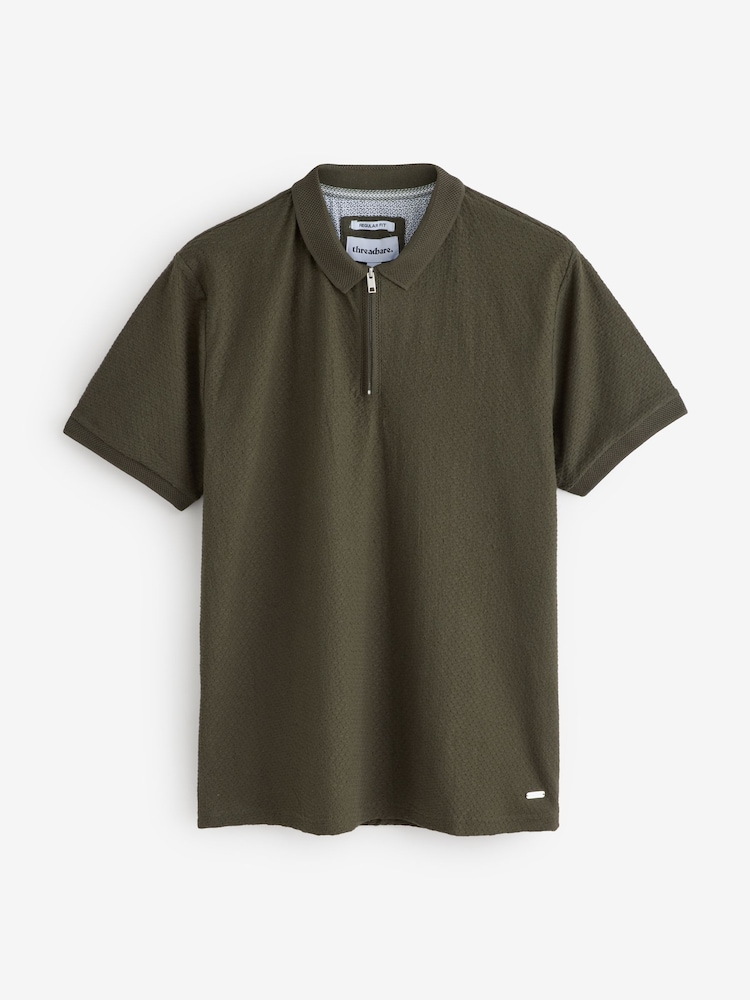 Khaki - Threadbare Textured Quarter Zip 100% Cotton Polo Shirt - Bild 5 von 5