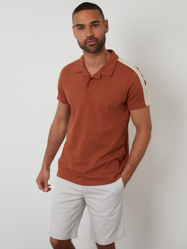 Threadbare Orange Crochet Detail Revere Collar 100% Cotton Polo Shirt - Image 1 of 4
