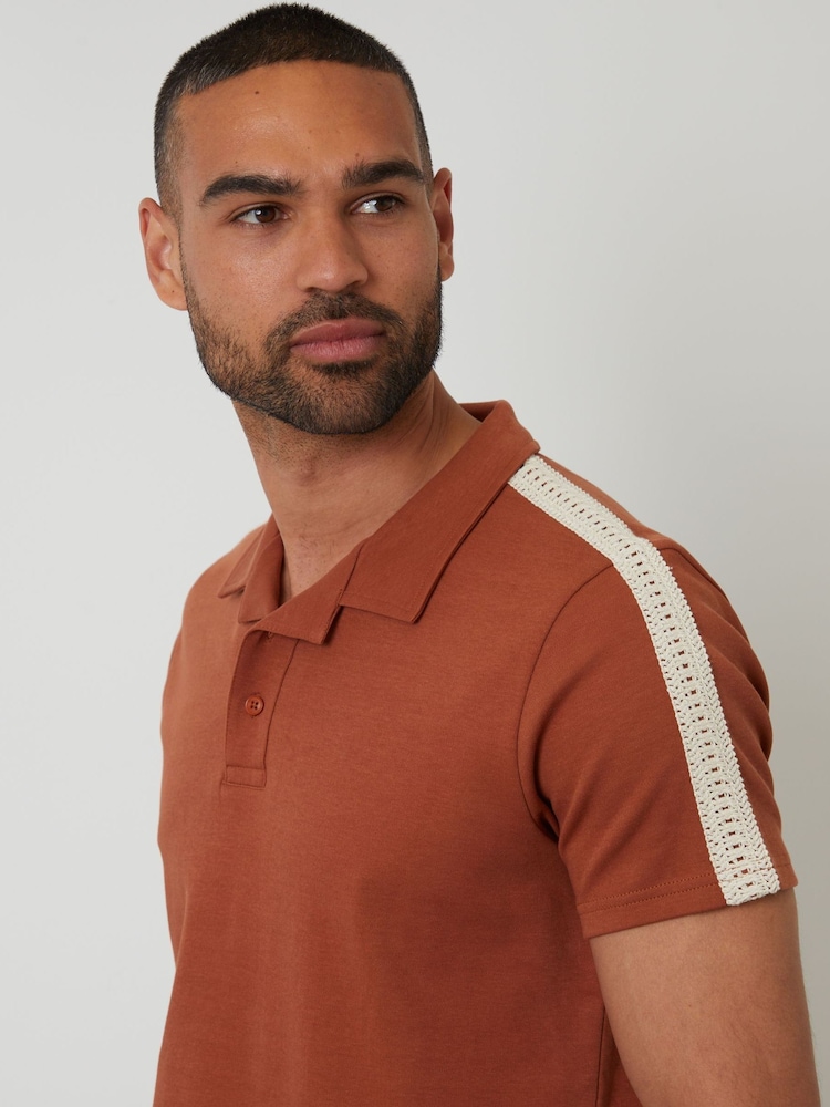 Threadbare Orange Crochet Detail Revere Collar 100% Cotton Polo Shirt - Image 4 of 4