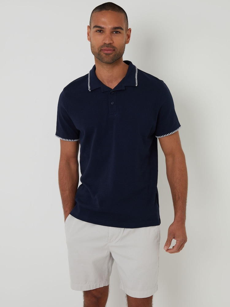 Threadbare Blue Contrast Revere Collar 100% Cotton Polo Shirt - Image 1 of 4