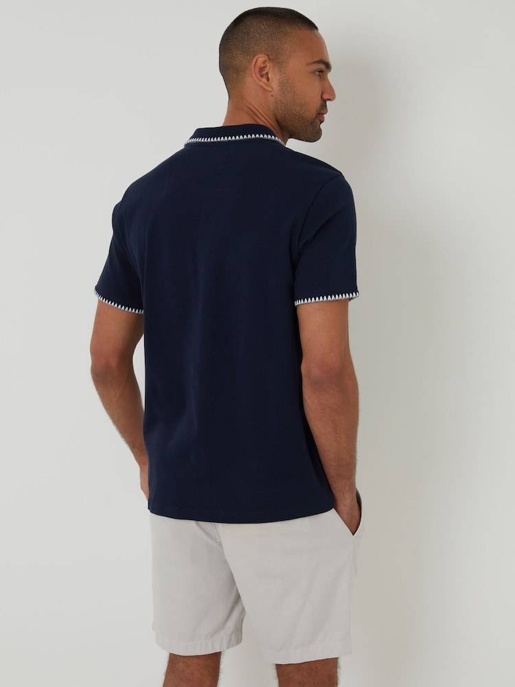 Threadbare Blue Contrast Revere Collar 100% Cotton Polo Shirt - Image 2 of 4