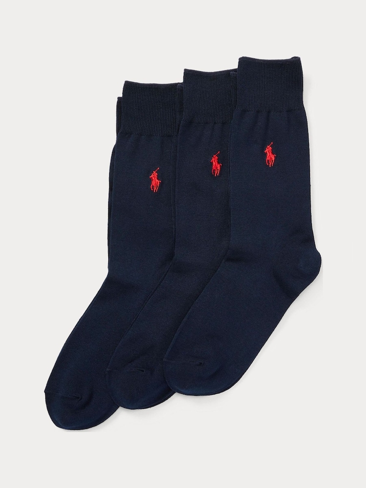 Polo Ralph Lauren Blue Mercerised Cotton Crew Ankle Socks 3 Pack - Image 1 of 1 Polo Ralph Lauren Blue Mercerised Cotton Crew Ankle Socks 3 Pack - Image 1 of 1