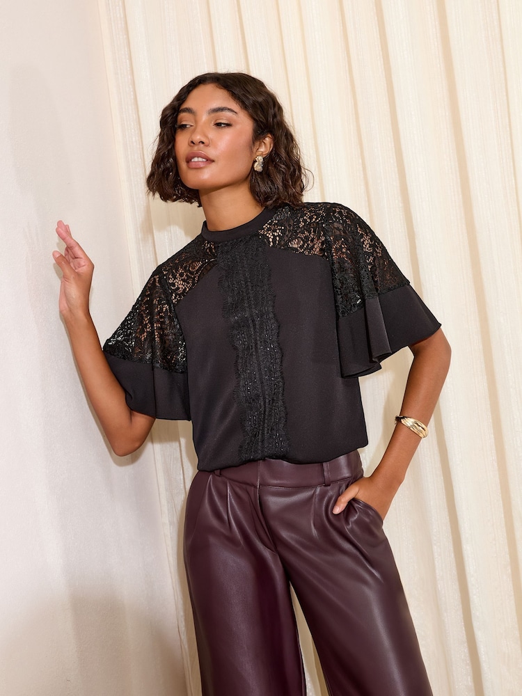 Friends Like These Black Lace Flutter Sleeve Blouse - Image 1 of 4