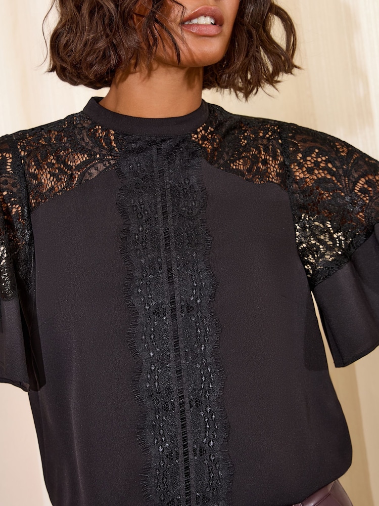 Friends Like These Black Lace Flutter Sleeve Blouse - Image 2 of 4