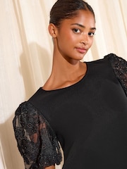 Friends Like These Black Rose Detail Puff Sleeve Top - Image 2 of 5