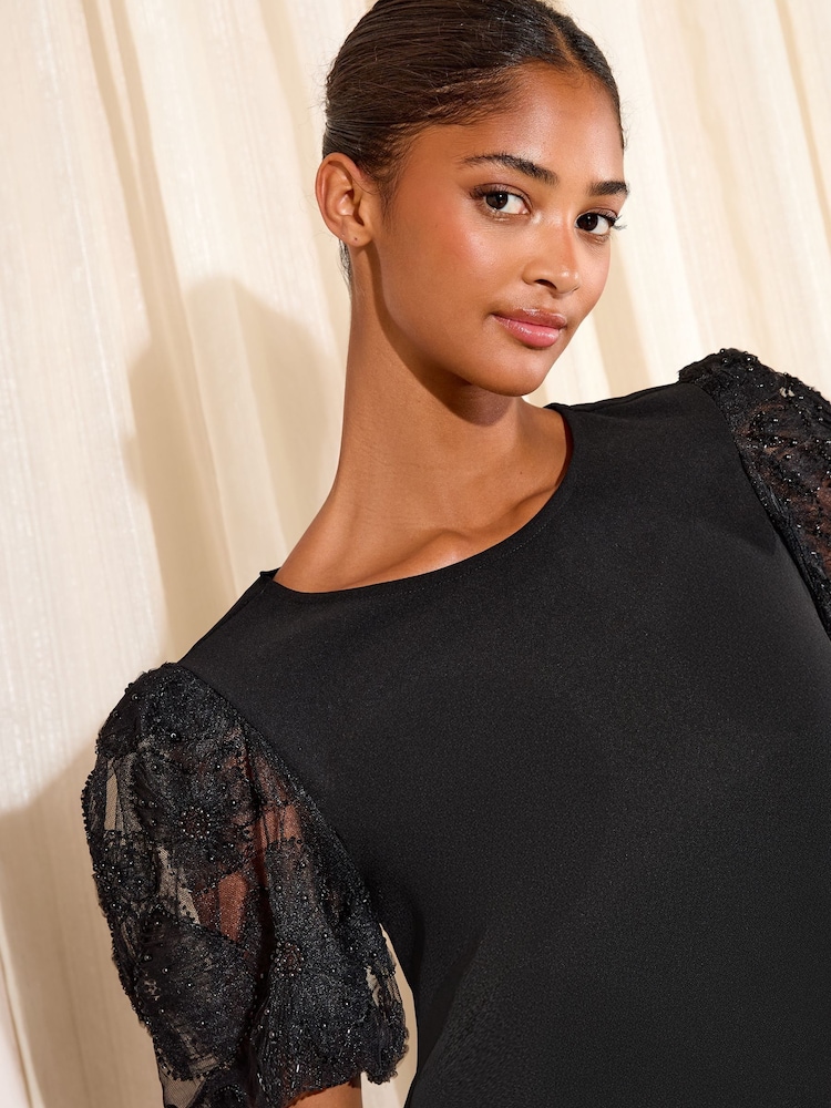 Friends Like These Black Rose Detail Puff Sleeve Top - Image 2 of 5