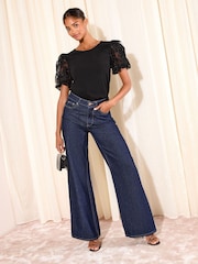 Friends Like These Black Rose Detail Puff Sleeve Top - Image 4 of 5