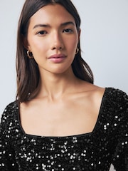 Black Square Neck Flippy Mini Sequin Dress - Image 4 of 7