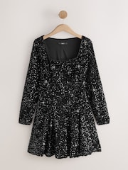 Black Square Neck Flippy Mini Sequin Dress - Image 5 of 7
