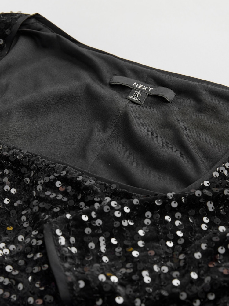 Black Square Neck Flippy Mini Sequin Dress - Image 7 of 7 Black Square Neck Flippy Mini Sequin Dress - Image 7 of 7