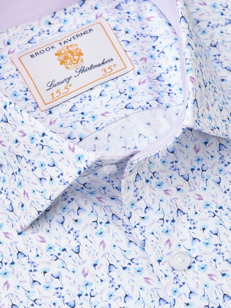Brook Taverner Blue Tailored Fit Floral Print Stretch Cotton Shirt - Image 6 of 6 Brook Taverner Blue Tailored Fit Floral Print Stretch Cotton Shirt - Image 6 of 6