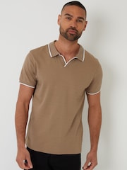 Threadbare Brown Interlock Trophy Neck 100% Cotton Polo Shirt - Image 1 of 1