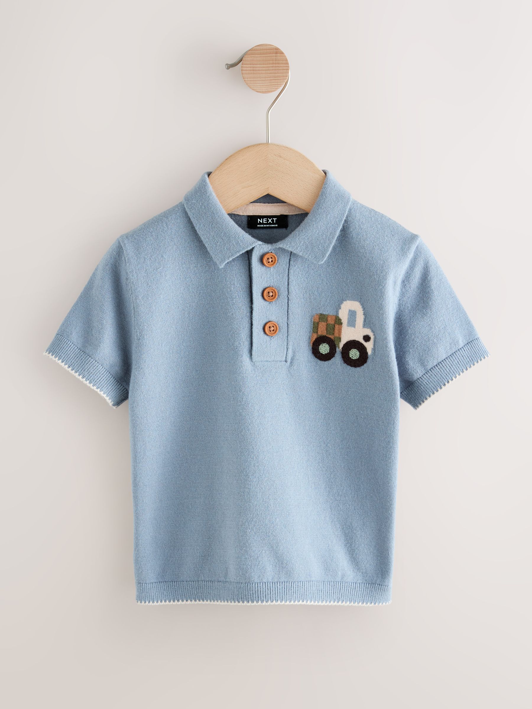 Buy Blue Transport Character Button Neck Knitted Polo Shirt (3mths
