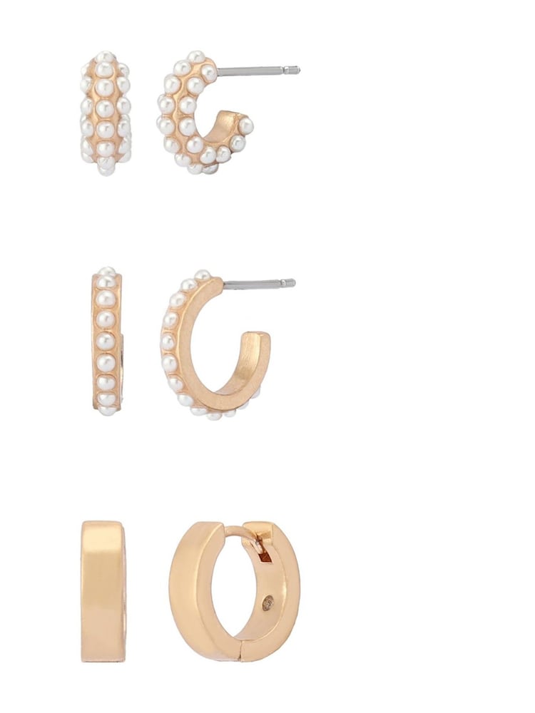 AllSaints Gold Tone Pearl Trio Huggie Earring Set - Image 1 of 4