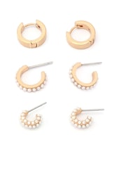 AllSaints Gold Tone Pearl Trio Huggie Earring Set - Image 3 of 4