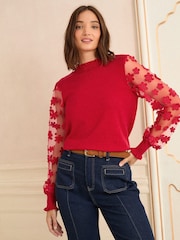 Red 3D Flower - Love & Roses Mesh Sleeve Knit Jumper - Bild 1 von 4