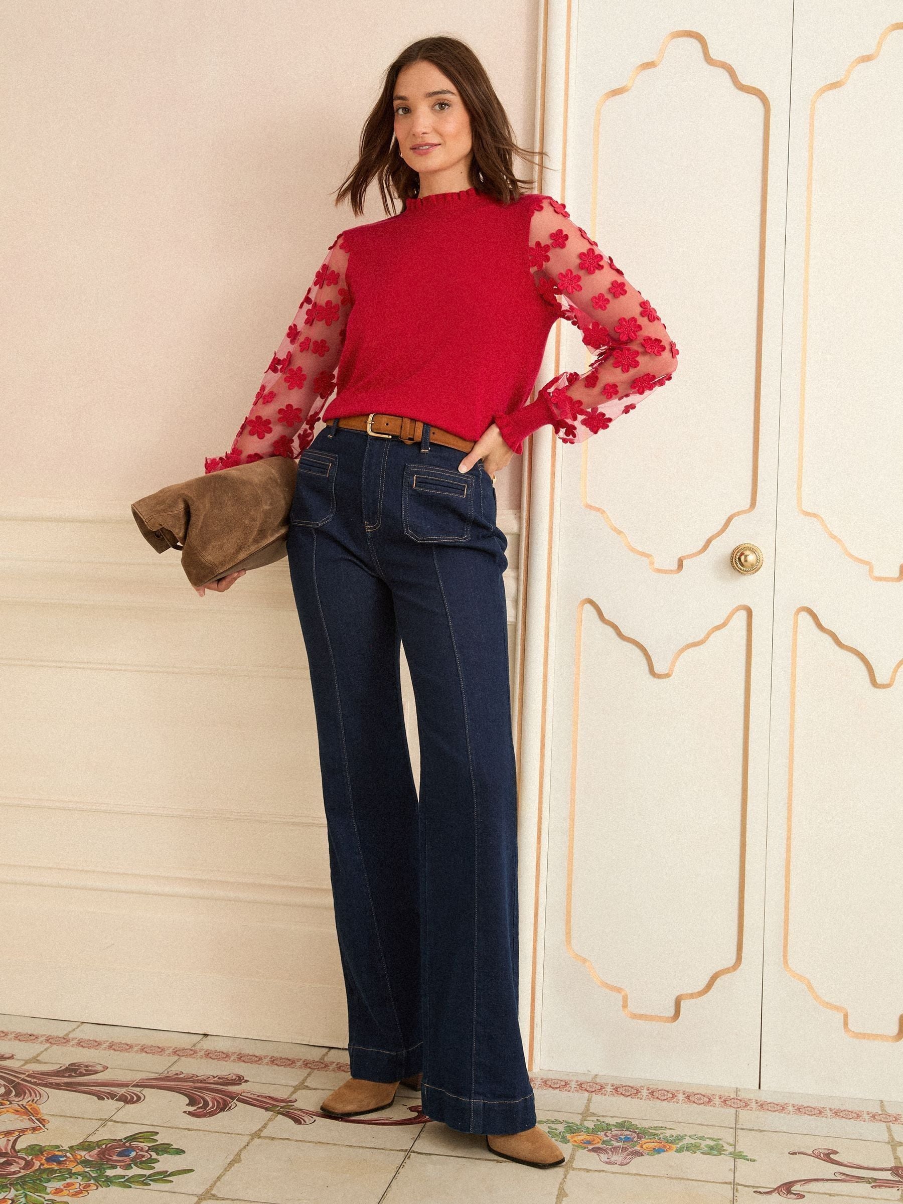 Buy Love & Roses Red 3D Flower Mesh Sleeve Knit Jumper from the