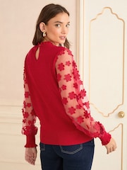 Red 3D Flower - Love & Roses Mesh Sleeve Knit Jumper - Bild 4 von 4