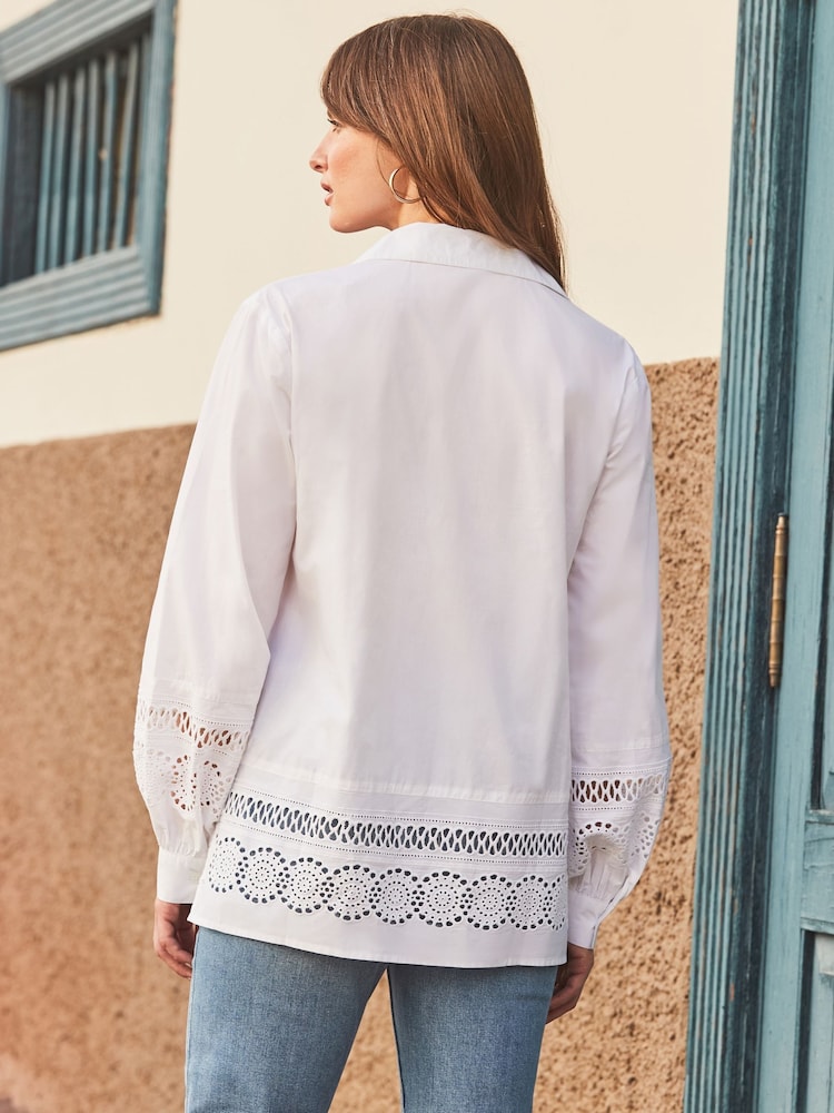 Sosandar White Broderie Detail Balloon Sleeve 100% Cotton Shirt - Image 2 of 5