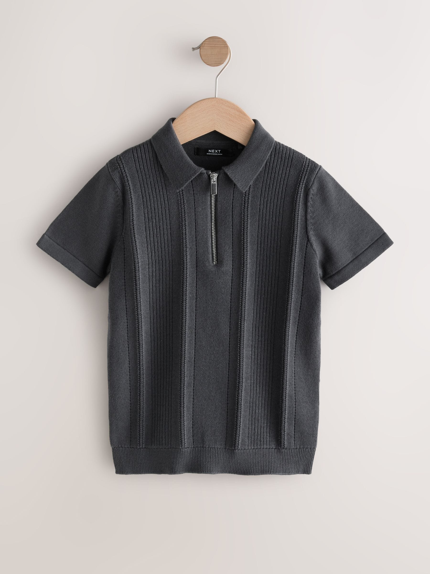 Buy Charcoal Grey Knitted Zip Neck Polo Shirt (3-16yrs) from the