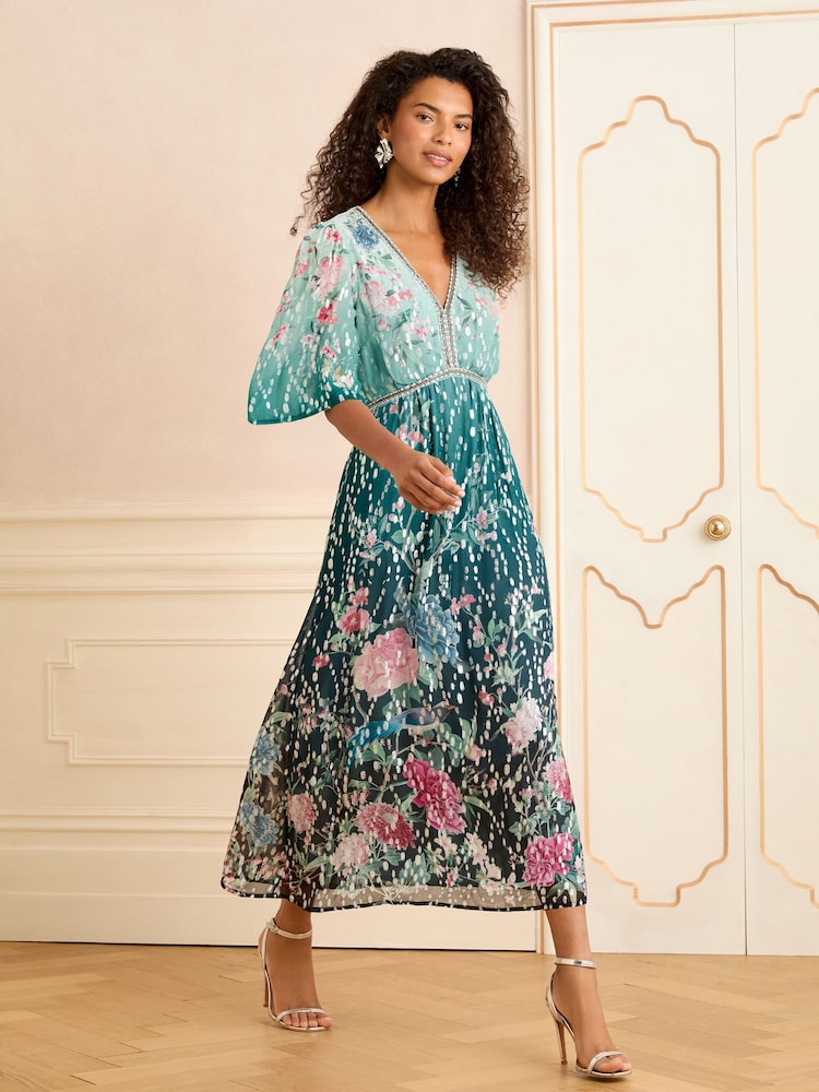 V&A I Love & Roses Green Printed V-Neck Short Sleeve Midi Dress - Image 1 of 4