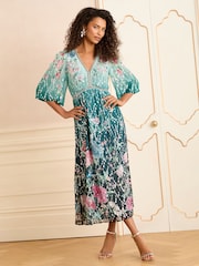 V&A I Love & Roses Green Printed V-Neck Short Sleeve Midi Dress - Image 4 of 4