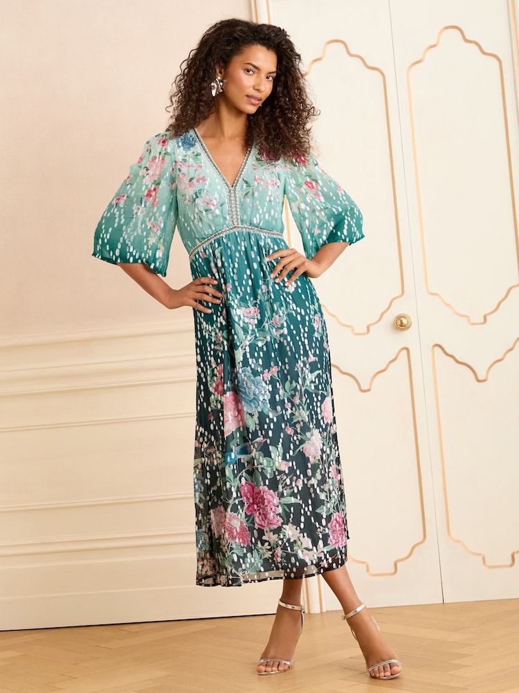 V&A I Love & Roses Green Printed V-Neck Short Sleeve Midi Dress - Image 4 of 4