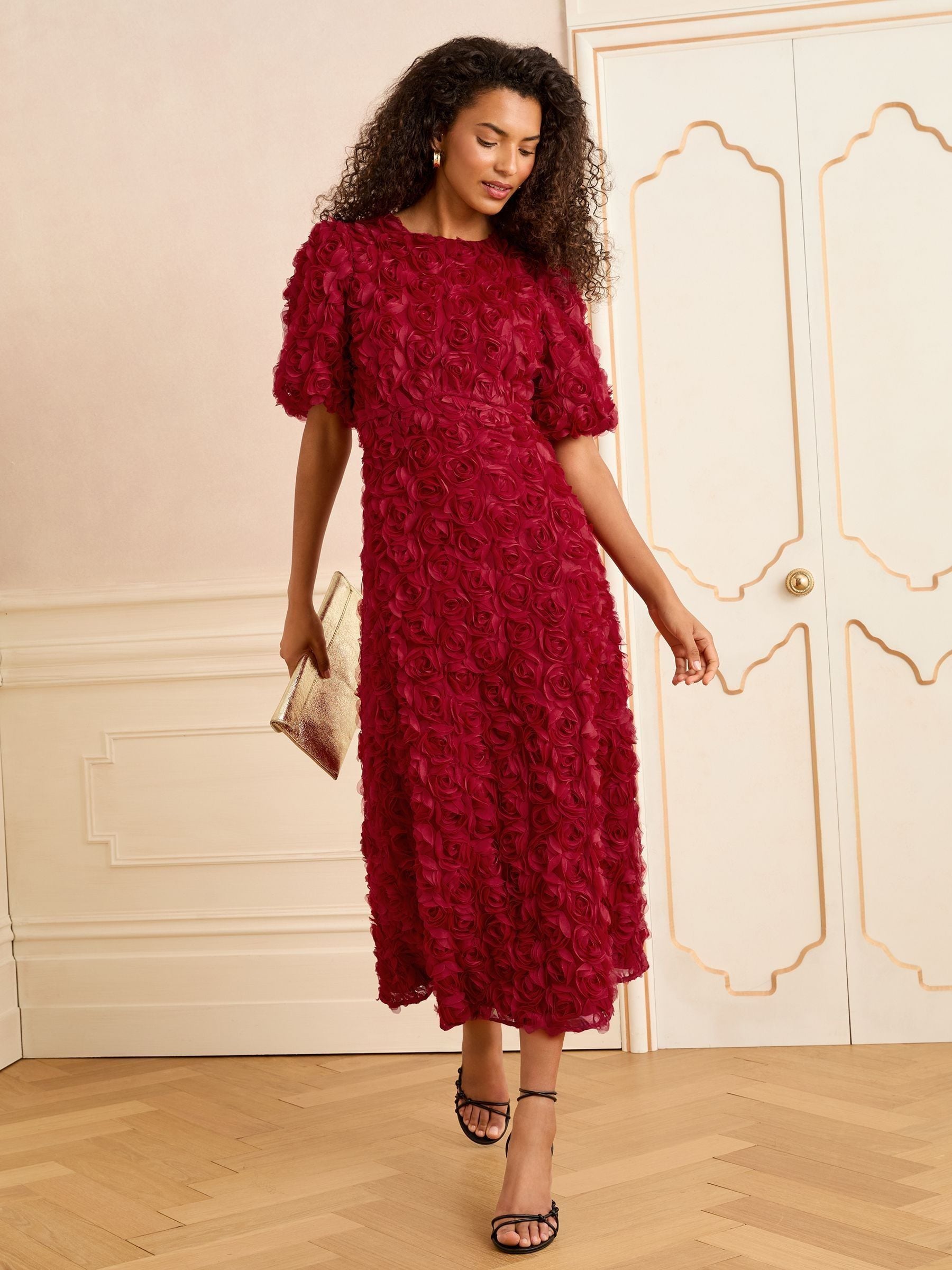 Buy Love & Roses Red Rose Textured Puff Sleeve Crew Neck Midi