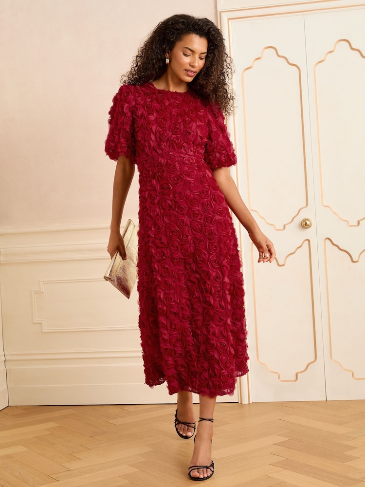 endless rose puff sleeve sweetheart textured midi dress NWT Anthropologie Endless Rose Puff-Sleeve Sweetheart Textured Midi Dress S