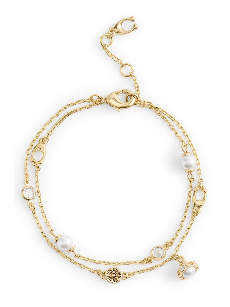 COACH Gold Tone Signature Heritage Pearl Charm Double Strand Bracelet - Image 1 of 4