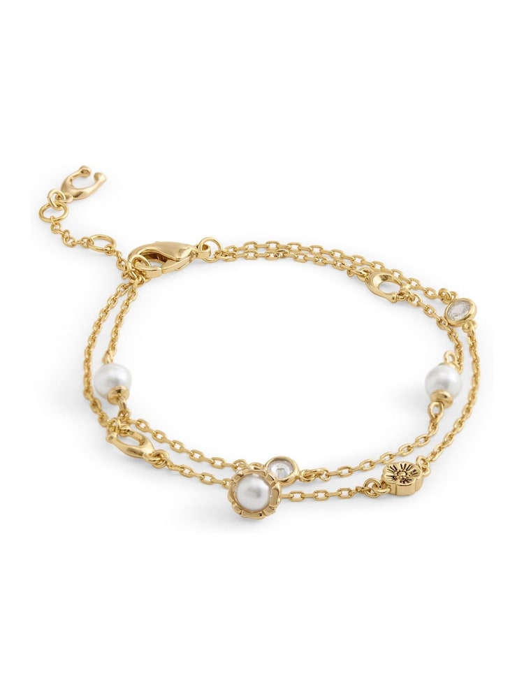 COACH Gold Tone Signature Heritage Pearl Charm Double Strand Bracelet - Image 2 of 4