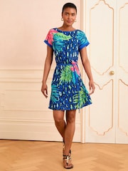 Love & Roses Cobalt Blue Tropical Floral Crew Neck Jersey T-Shirt Mini Dress - Image 1 of 4