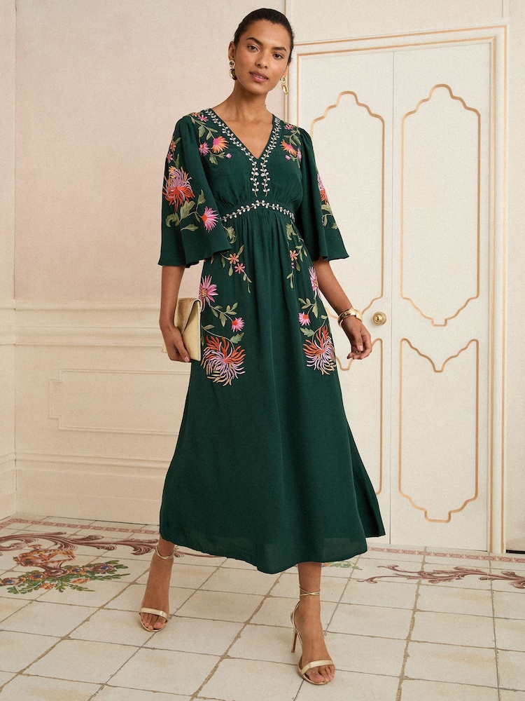 Love & Roses Green Floral Print Embroidered V-Neck Angel Sleeve Midi Dress - Image 1 of 4