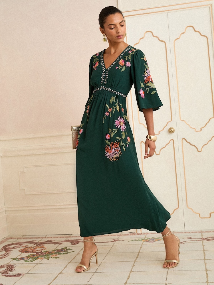 Love & Roses Green Floral Print Embroidered V-Neck Angel Sleeve Midi Dress - Image 2 of 4