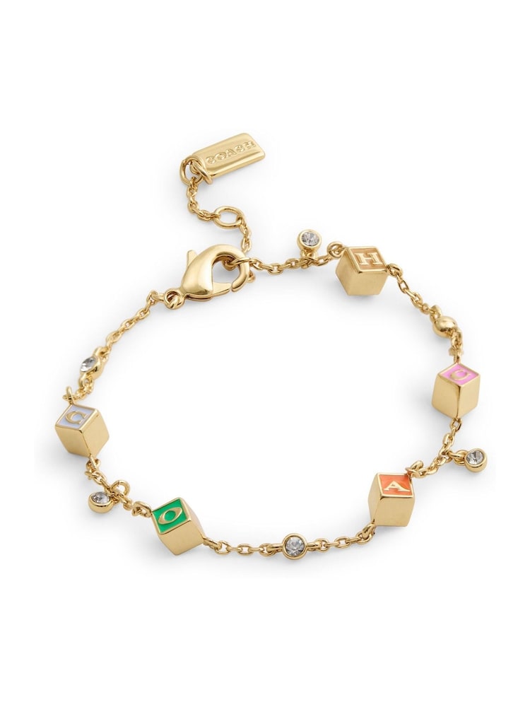 COACH Gold Tone Signature Logo Enamel Cube Strand Bracelet - Image 2 of 4 COACH Gold Tone Signature Logo Enamel Cube Strand Bracelet - Image 2 of 4