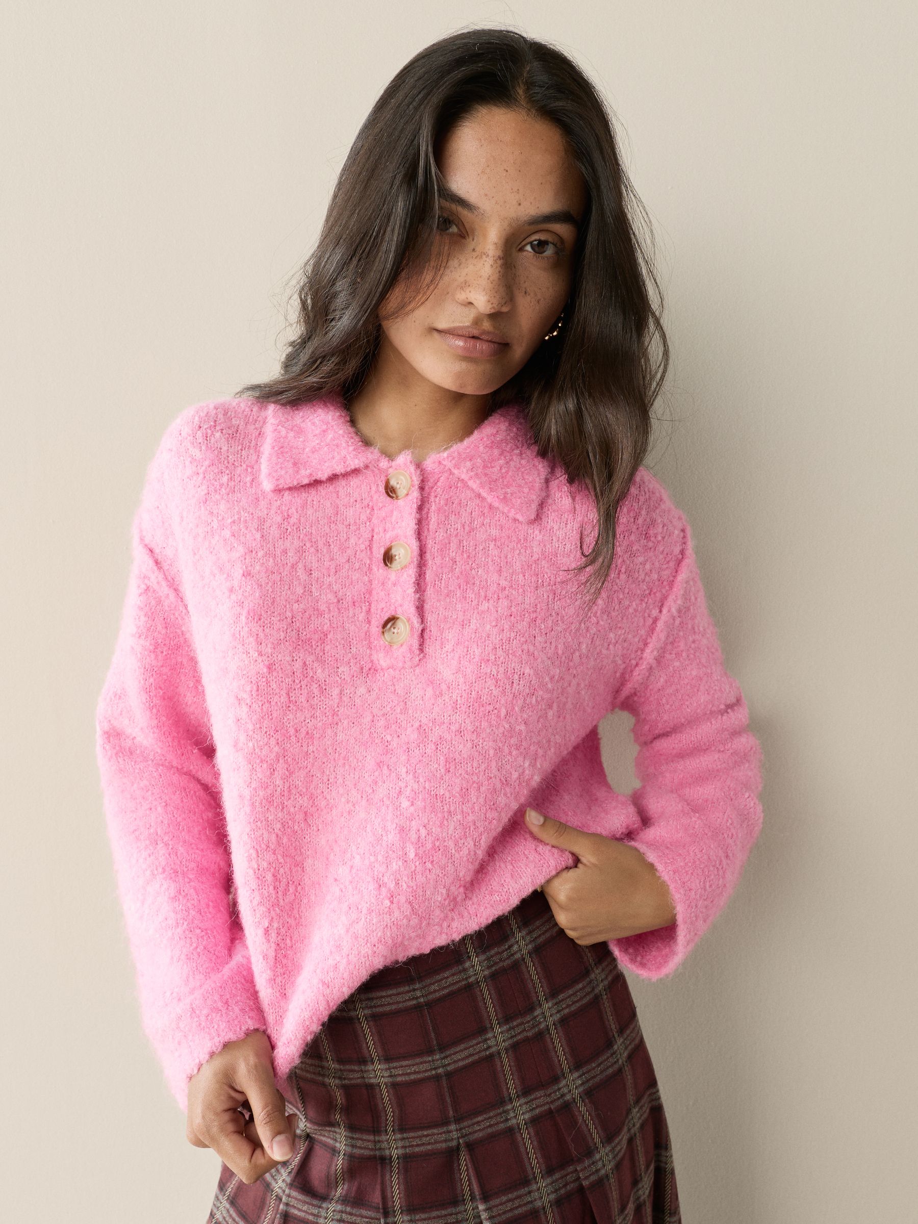 Buy Bright Pink Boucle Long Sleeve Polo Jumper from Next USA