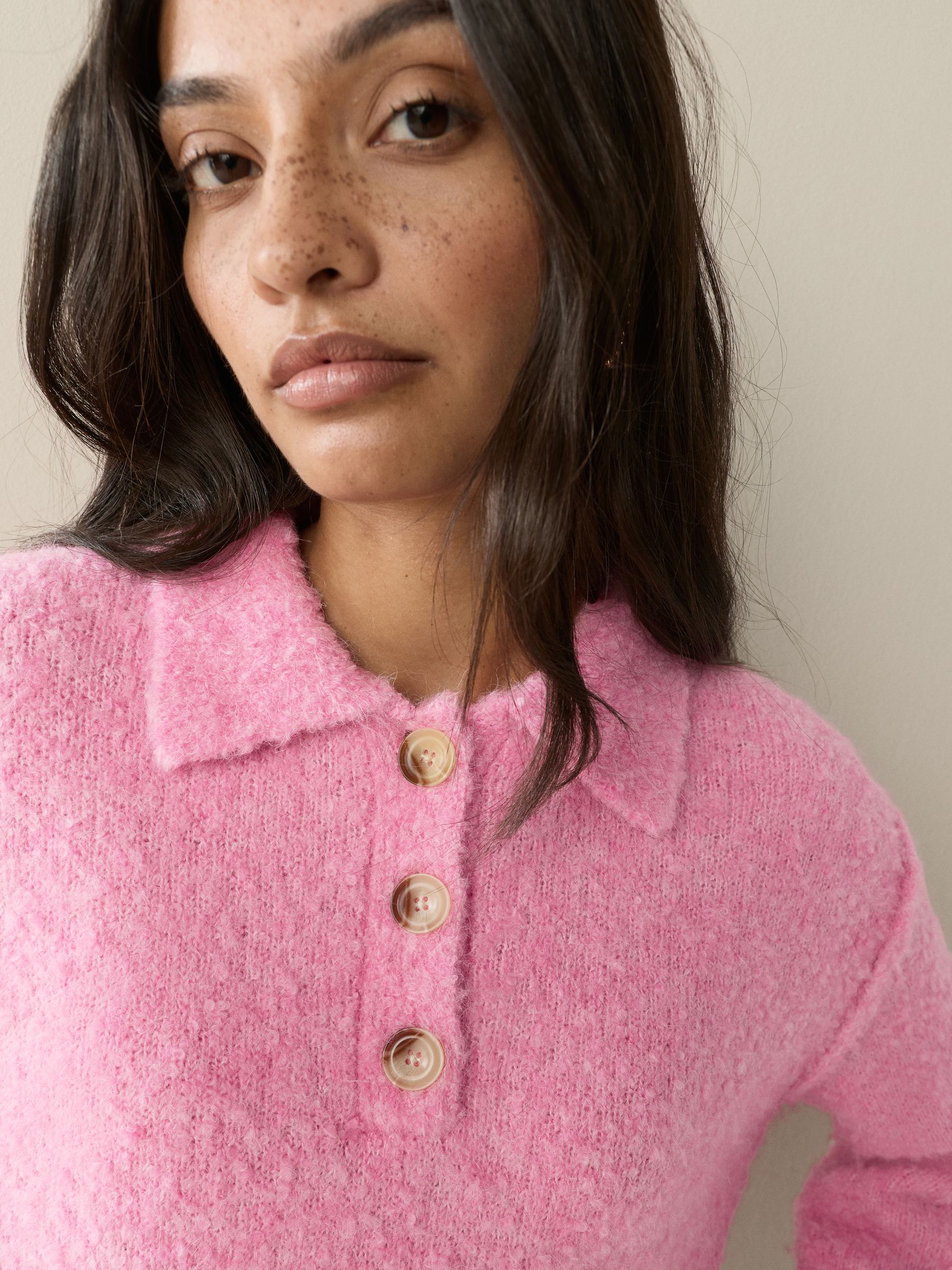Buy Bright Pink Boucle Long Sleeve Polo Jumper from Next USA Buy Bright Pink Boucle Long Sleeve Polo Jumper from Next USA