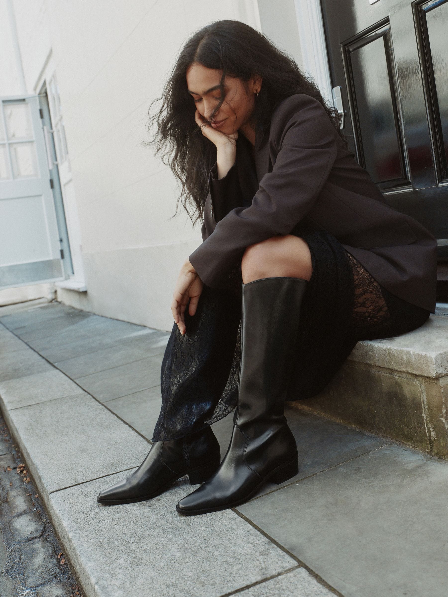 Buy Black Crinkle Texture Forever Comfort® Chisel Toe Knee High