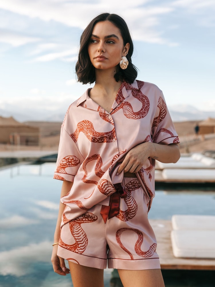 Chelsea Peers Pink Satin Snake Print Short Pyjamas Set - Image 2 of 5 Chelsea Peers Pink Satin Snake Print Short Pyjamas Set - Image 2 of 5