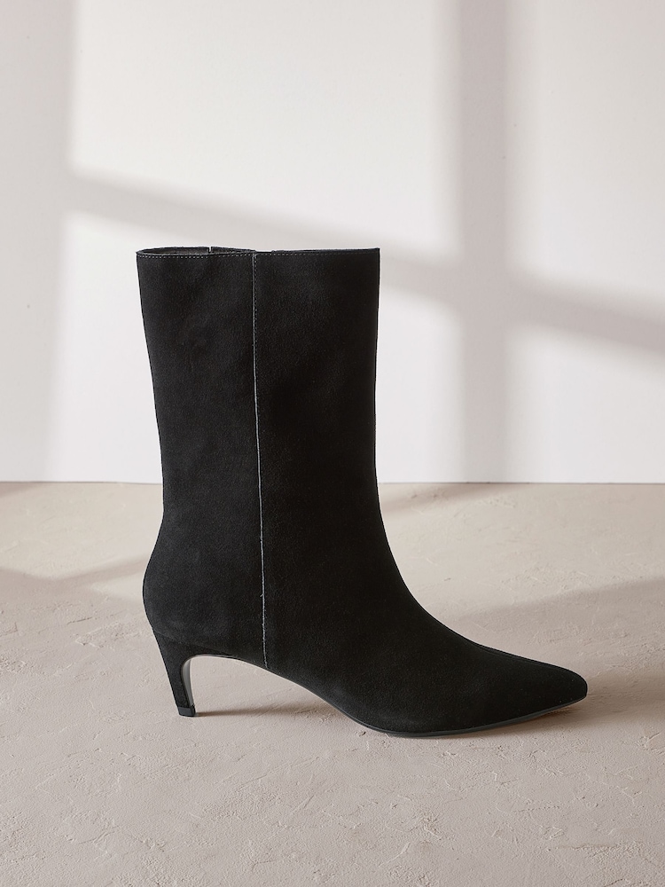 Black Suede Forever Comfort® Pointed Toe Heeled Boots - Image 1 of 6