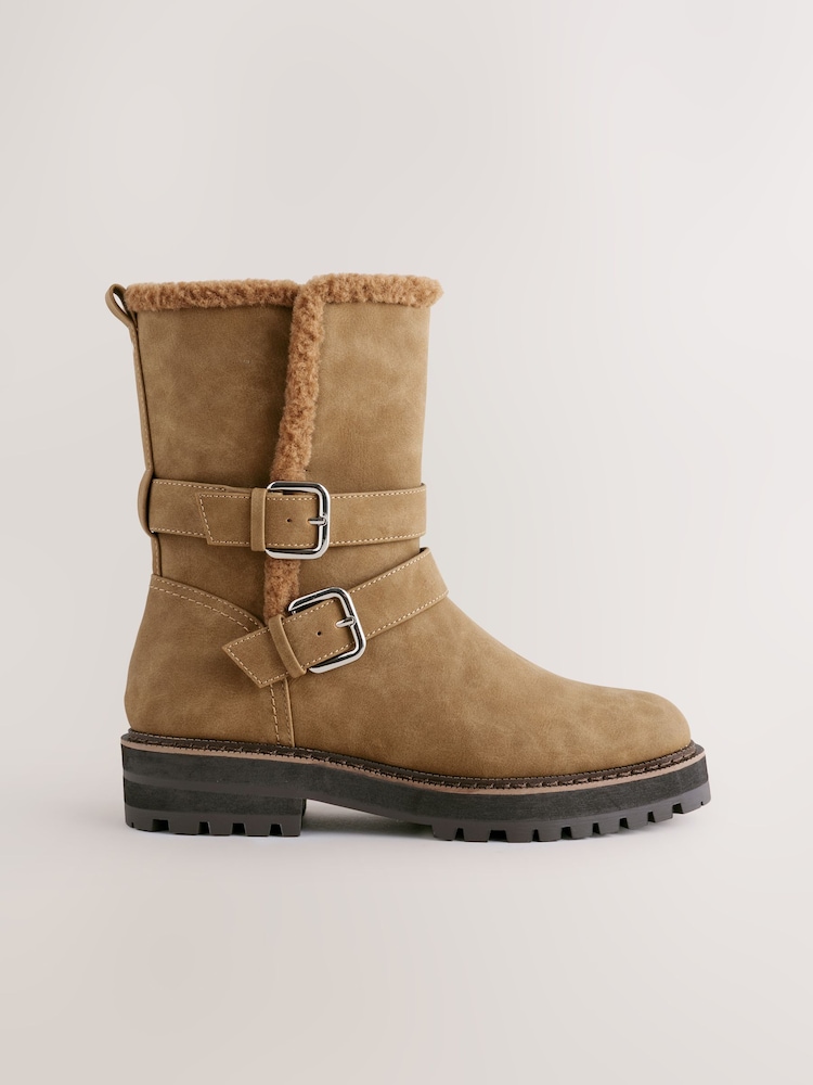 Castanho castanho - Forever Comfort® Double Buckle Faux Fur Lined Ankle Boots - Imagem 1 de 5