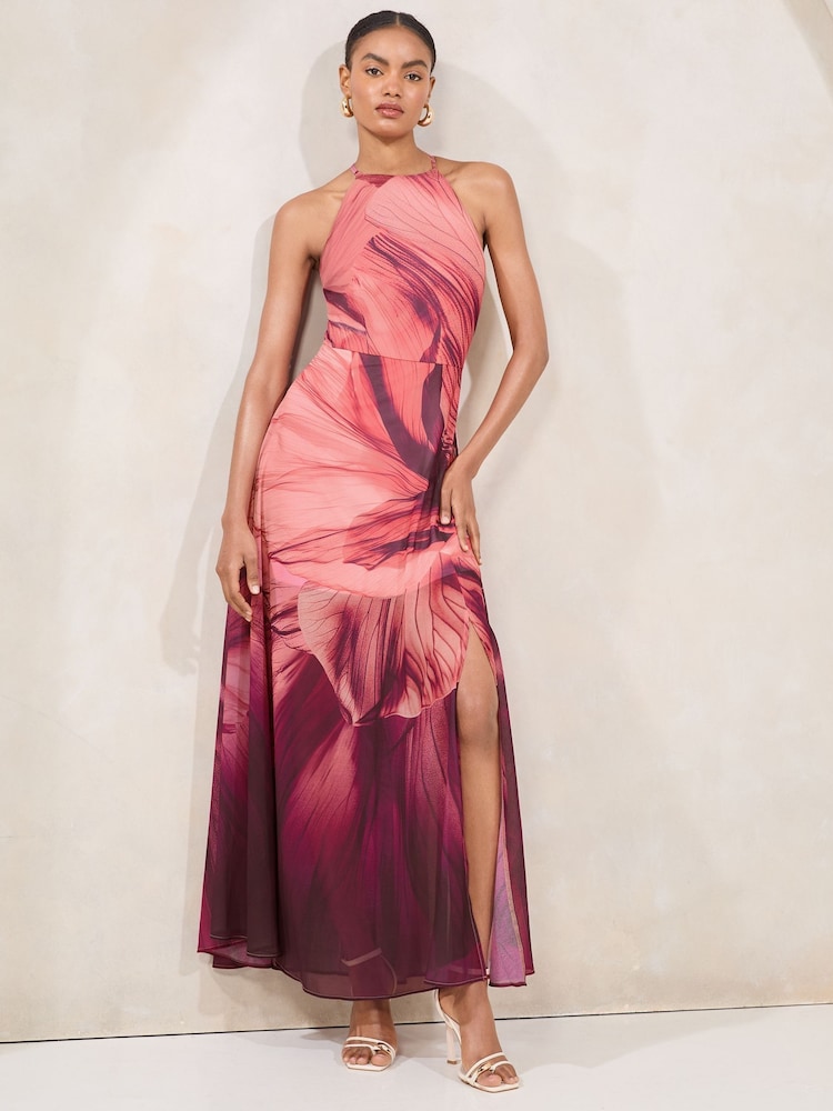 Lipsy Purple Floral Printed Halter Chiffon Sleeveless Maxi Dress - Image 1 of 5