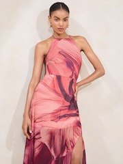 Lipsy Purple Floral Printed Halter Chiffon Sleeveless Maxi Dress - Image 3 of 5