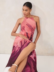 Lipsy Purple Floral Printed Halter Chiffon Sleeveless Maxi Dress - Image 4 of 5