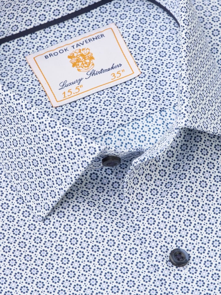 Brook Taverner Blue Geometric Print Long Sleeve 100% Cotton Shirt - Image 5 of 5