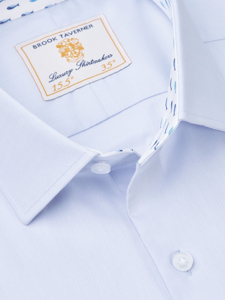 Brook Taverner Blue Light Herringbone Stretch Long Sleeve Shirt - Image 4 of 5