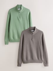 Dark Stone/Sage Green Regular Fit Premium Quarter Zip Jumpers 2 Pack - Image 1 of 10