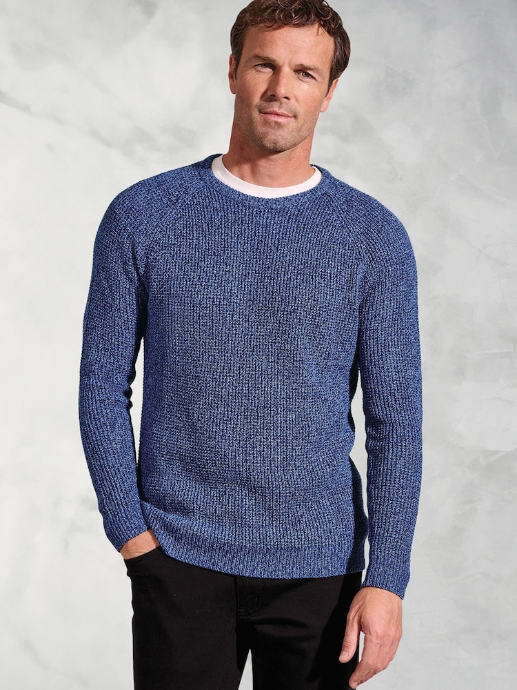 Brook Taverner Blue Melange Waffle Stitch Crew Neck 100% Cotton Jumper - Image 1 of 3